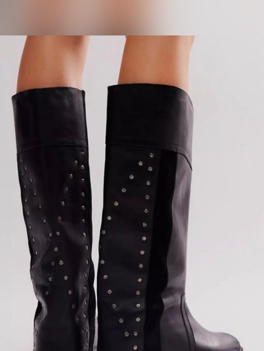 Free People Lola Boots, Tall, Leather, Studded Wide Leg, Black